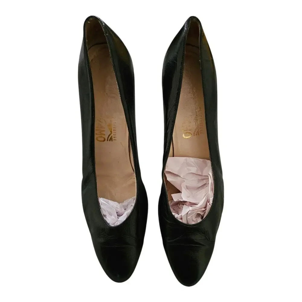 Vintage Ferragamo Classic Black Leather Mid Heel Pumps Size 9.5 D